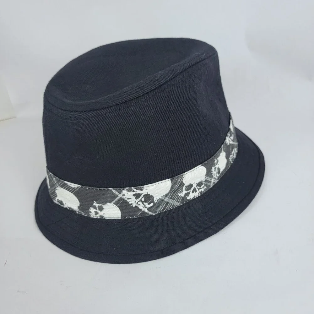 Mens Black Short‎ Brimmed Fedora Hat Cap Edgy Punk Skull Androgynous